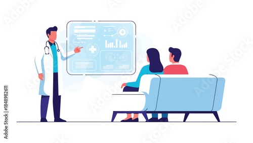 Medical Consultation: A doctor explains complex medical data to a patient couple. This scene captures trust and patient care in a clinic setting.
