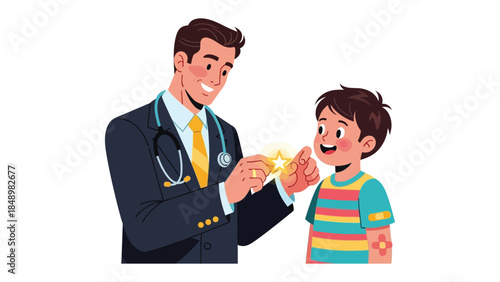 Medical interaction: A gentle doctor interacting with a young patient, a touching scene of care, trust and expertise, showcasing the nurturing aspect of medical practices.