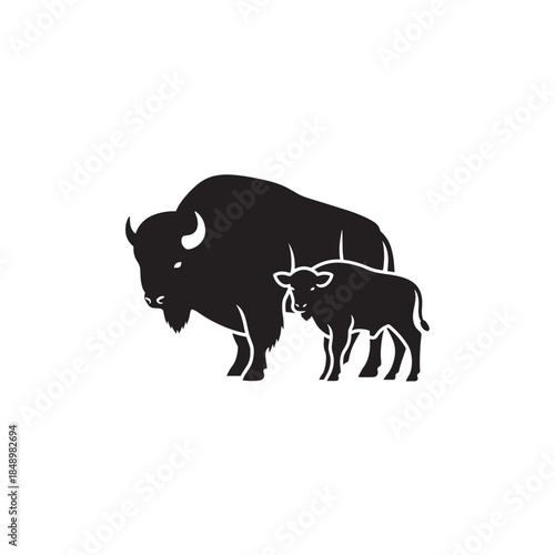 Bison and Calf Silhouette Illustration Isolated on White