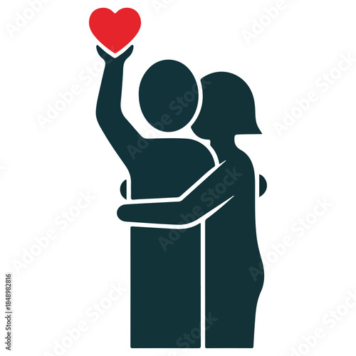 Hugging couple with heart above them.