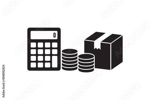 Shipping cost calculation icon with calculator coins and box