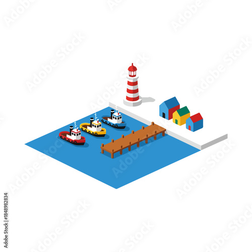 Isometric harbor scene featuring boats lighthouse and pier.