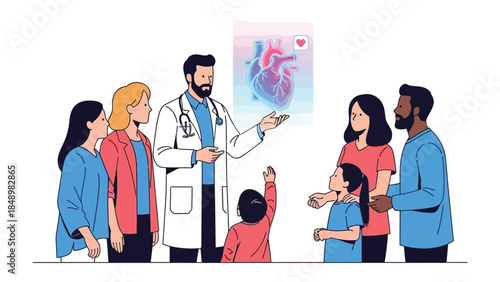 Medical Consultation: A dedicated doctor engages in a heart-to-heart discussion about health, alongside a vibrant family, providing an insight into the human anatomy and medical well-being.