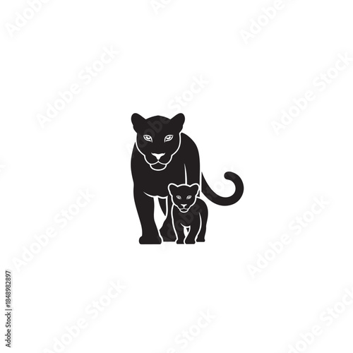 Black Panther and Cub Silhouette Isolated on White Background