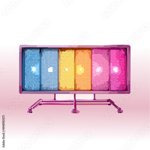 Colorful xylophone with rainbow bars and metal stand.