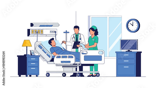 Hospital Care and Comfort: An illustration captures a doctor and a nurse attending a patient in a hospital room, symbolizing healthcare and medical support.
