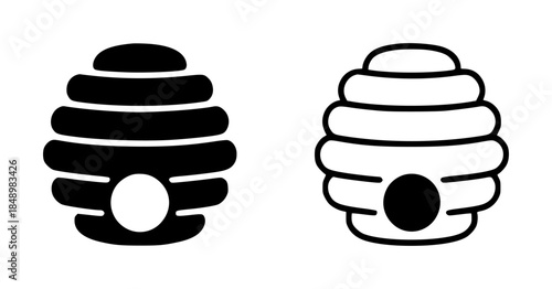 Black and white beehive in outline and filled styles isolated white background beekeeping apiary