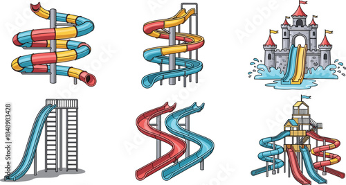 Colorful water park slide illustration set featuring spiral straight and castle aqua slides amusement park attractions summer fun vector design
