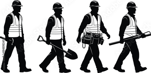 Construction worker silhouettes wearing safety vest and helmet carrying tools walking industrial labor workforce black vector illustration isolated builders engineering jobs site concept icon