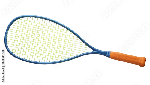 Obraz na plátně Isolated squash racquet with yellow strings and blue frame on simple background,