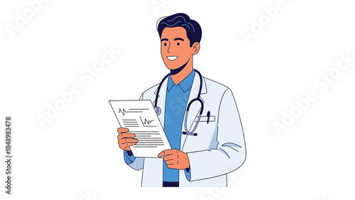 Medical Professional and Medical Report: A friendly doctor, dressed in a pristine white coat, holds a detailed medical report, representing trust and healthcare expertise.