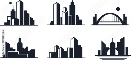 Modern city skyline silhouettes set featuring urban buildings skyscrapers bridges architecture black vector illustration isolated metropolitan cityscape design icons