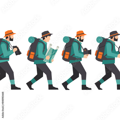 Group of hikers with backpacks walking in a line.