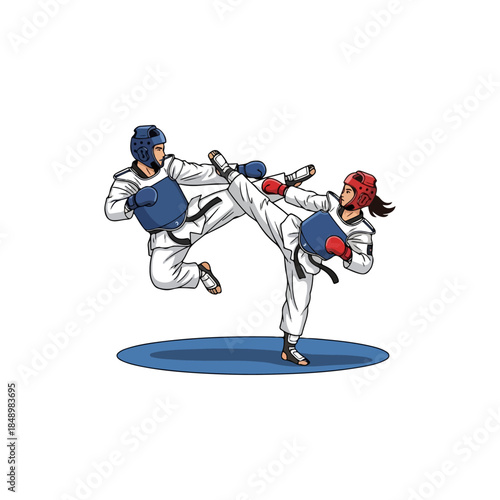 Two martial artists execute high kicks in white gi.