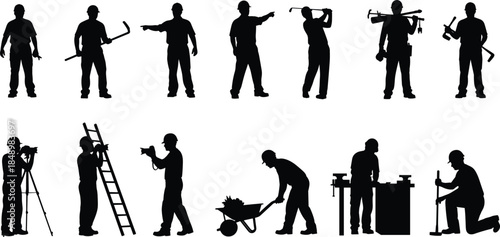 Industrial worker silhouettes set showing construction laborers engineers technicians using tools equipment working poses black vector illustration isolated workforce industry concept