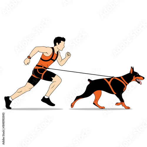 Dynamic man and dog running together on leash.