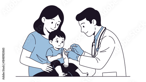 Vaccination day: A gentle depiction of a doctor administering a vaccine to a young child, the mother providing comfort and reassurance.