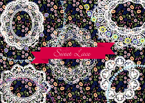 花柄のパターンとレース　デザイン素材