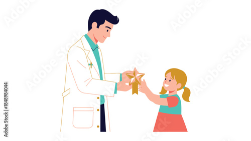 Healing Hand and Joyful Reward: A caring doctor bestows a star-shaped award to a happy child, creating a moment of joy and accomplishment in the field of healthcare.