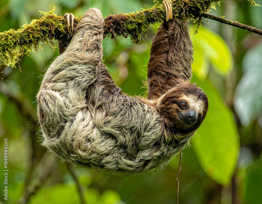 Fototapeta premium Sloth hangs upside down from a mossy branch, surrounded by lush green foliage in its tropical habitat