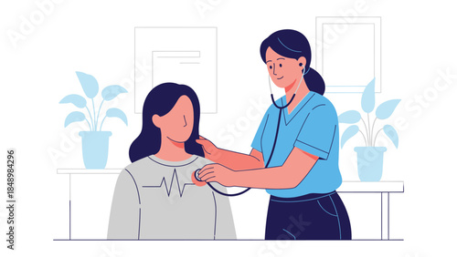 Patient's Heart Check: A caring doctor uses a stethoscope to assess a patient's heartbeat, providing a snapshot of healthcare. 