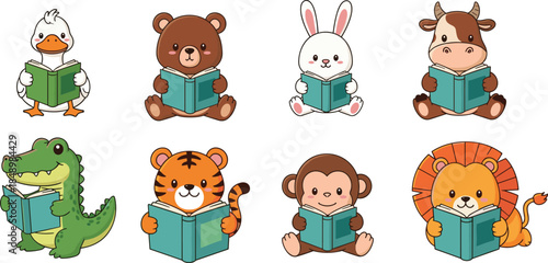 Cartoon animals reading, cute characters, open books, literacy theme, educational design, animal readers, playful learning, classroom decor, storytime scene