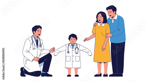 Dreamy Aspirations: A child dressed as a doctor, embodying aspirations. A supportive family watches with pride, this heartwarming scene celebrates dreams and familial encouragement.