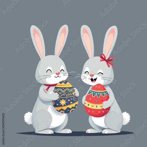 Vsai cute cartoon easter bunnies holding decorated eggs