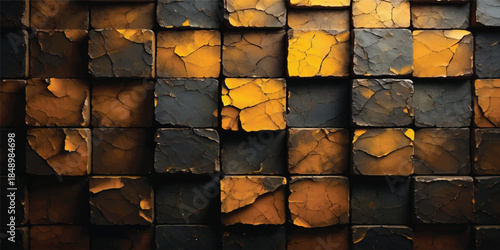 A solid background of aged red brick and brown wood texture features a grunge pattern of dirty stone and cement blocks on an old weathered building wall surface