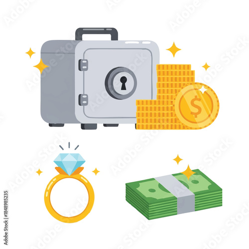 Cartoon illustration of a safe with gold coins and cash, a diamond ring, conveying a cute and wealthy mood against a clean white background.