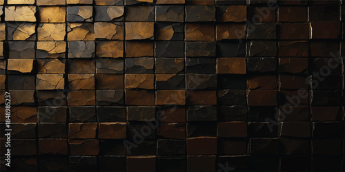 Seamless dark wood texture featuring an abstract brown block pattern of chocolate tiles and square shapes for a modern wallpaper backdrop design
