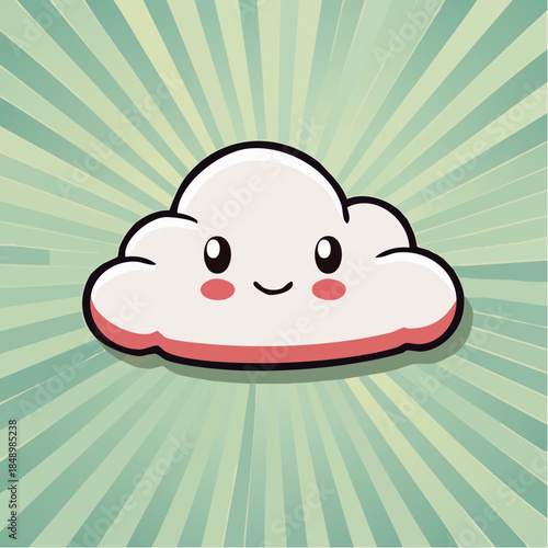 Cute cartoon cloud with a smiling face and rosy cheeks on a green sunburst background.