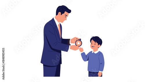 Father and Son's Treasure: A heartwarming scene captures a father sharing a moment with his son, presenting a treasured item, sparking curiosity and joy