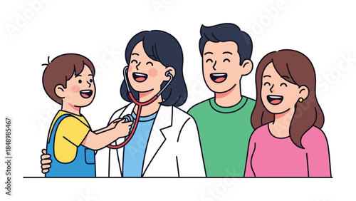 Playful Consultation: A child playfully examines a doctor with a stethoscope, under the loving gaze of their parents. Capturing the spirit of healthcare and familial support.