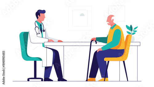 Consultation with the Caregiver: A Doctor consults with his older patient, the older man, discussing the senior's well-being with careful attention and compassion. 