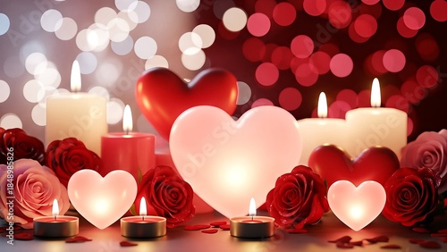 Romantic Valentine's Day Celebration with Heart-Shaped Candles and Roses Surrounding a Love Gift