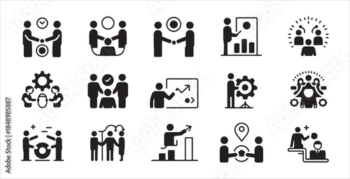 Set of business growth and success glyph icons, including charts, rockets, and diamonds