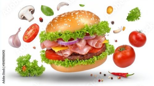 A mouth-watering hamburger with juicy ingredients and spices, floating in a dynamic composition.