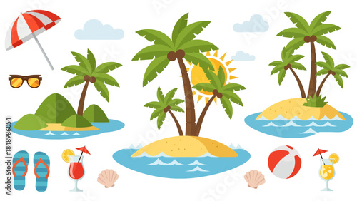 Tropical Beach Scene with Palm Trees Umbrellas and Water Activities