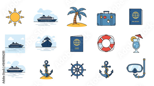 Set of diverse nautical and travel icons for tourism maritime and adventure themes