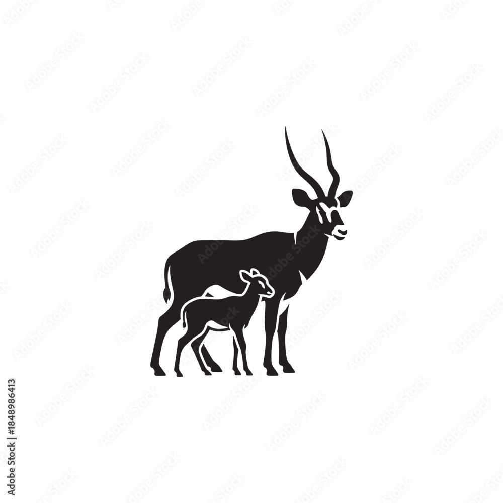 Fototapeta premium Impala Antelope Mother and Baby Silhouette Illustration