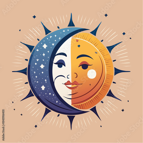 Stylized illustration of a sun and moon face, half blue with stars and half yellow.