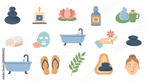 Collection of spa and wellness items including bath skincare and relaxation accessories