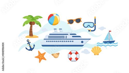 Vibrant Cruise Ship Scene with Tropical Elements and Water Activities