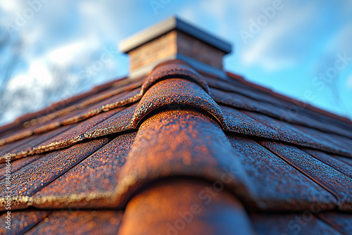 Closeup of wet clay roof tiles with sparkling morning dew in warm sunlight, leading towards a brick chimney against a soft blue sky, evoking freshness and durability.