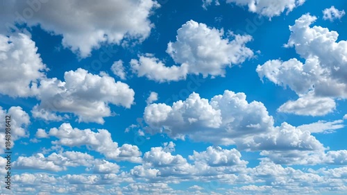 Bright Blue Sky with Puffy White Cumulus Clouds, Peaceful Cloudscape Background, Sunny Day Weather