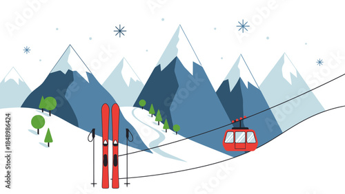 Scenic winter mountain landscape with ski lift and snow covered peaks