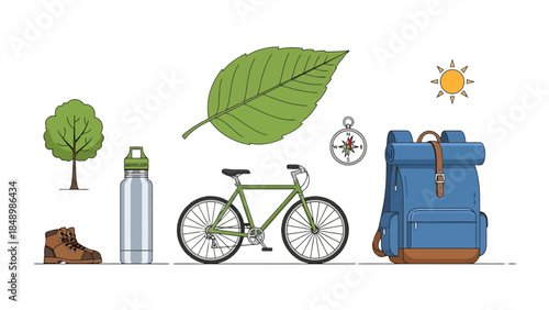 Outdoor adventure essentials including bicycle hiking shoes and backpack for exploration