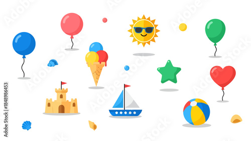 Colorful Summer Theme with Balloons Sun and Beach Elements for Recreation and Vacation Promotions