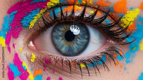 Extreme Macro Closed Eye Makeup with Iridescent Teal and Gold Eyeshadow, Glitter Highlights and Ornamental Face Paint Swirls